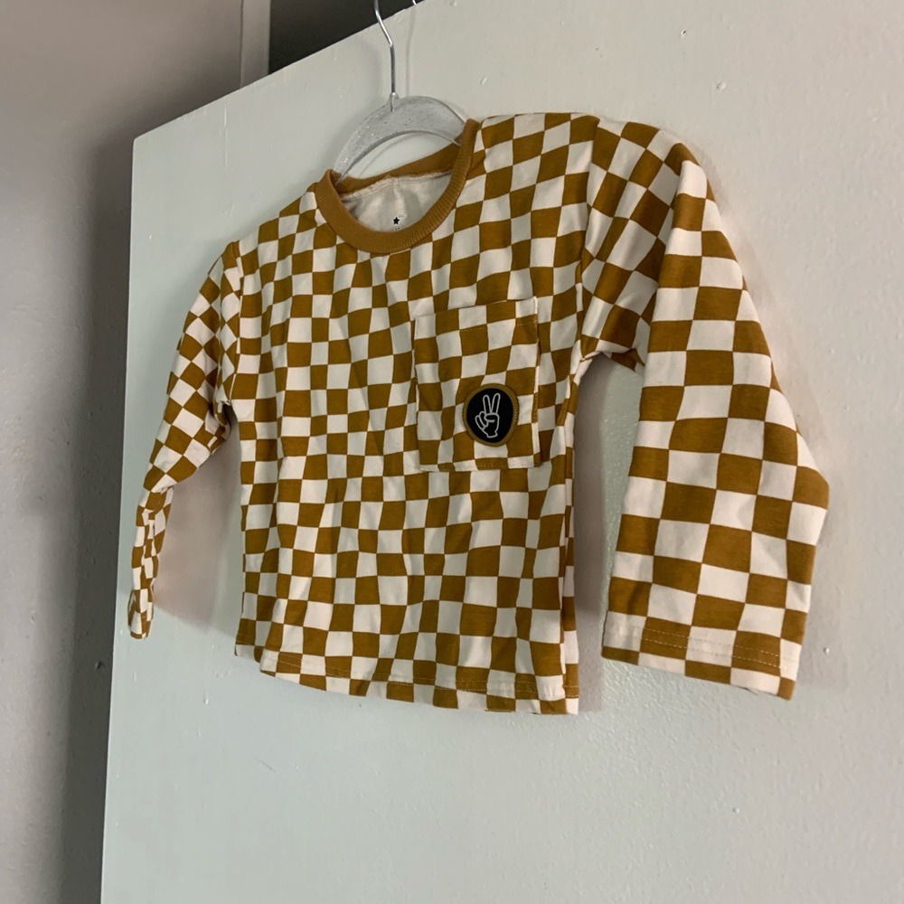 Kids Long Sleeve Checkered Tee - Brown and White